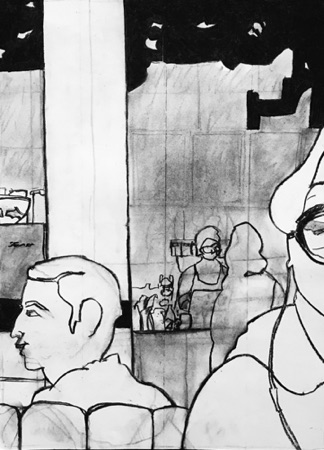Starbucks Lunch Hour;
2019; charcoal on paper; 24 x 18" Starbucks Lunch Hour;
2019; charcoal on paper; 24 x 18"